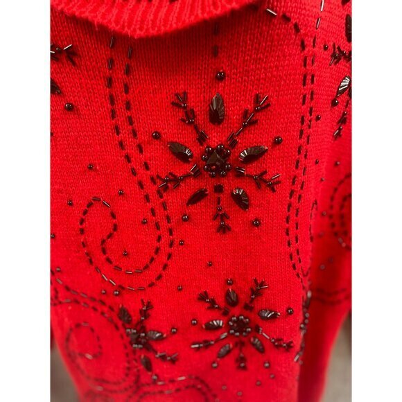 Red Beaded Snowflake Embellished Tunic Sweater Holiday Party - Picture 2 of 13
